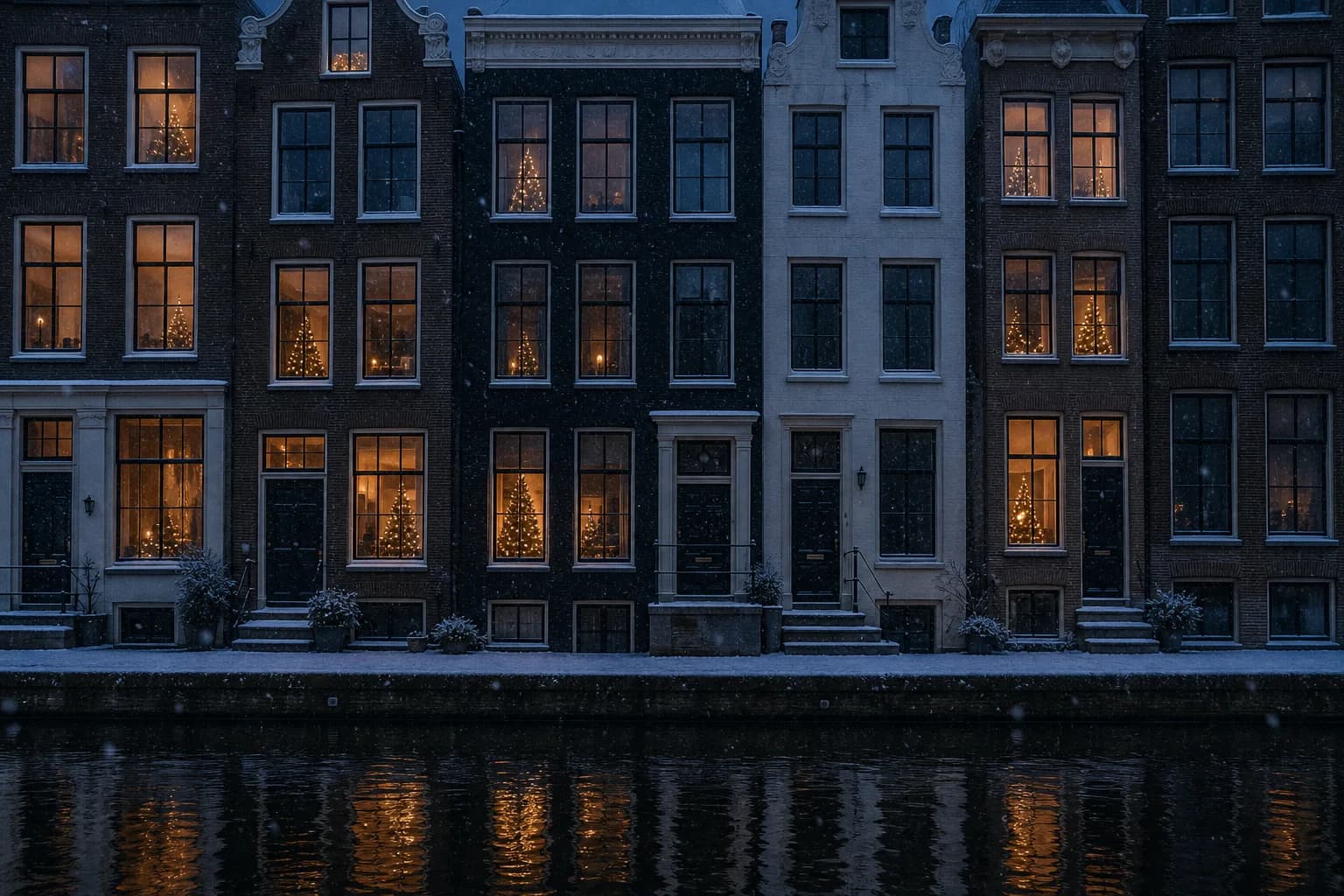 Canal houses on a snowy December night, Christmas trees and candles glowing in many of their tall windows