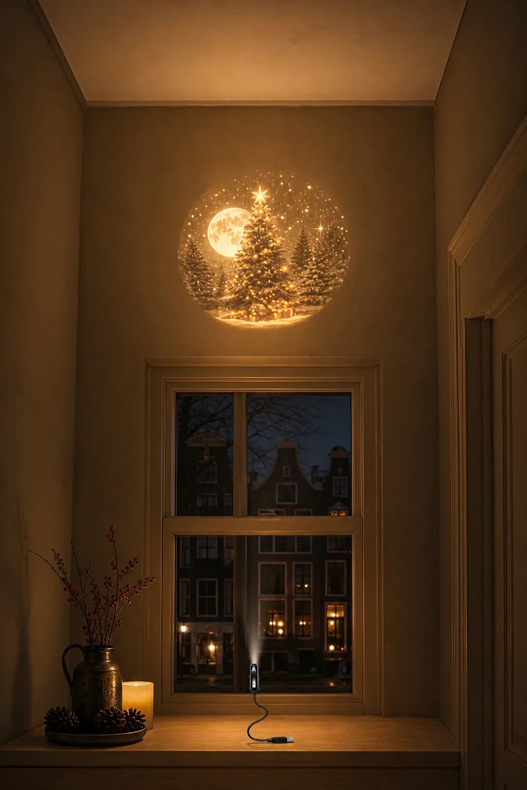 A room at night: the Christmas Scene Projector stands on the sill of a tall window over a canal and throws a moonlit Christmas tree onto the ceiling, while a candle burns on a side table