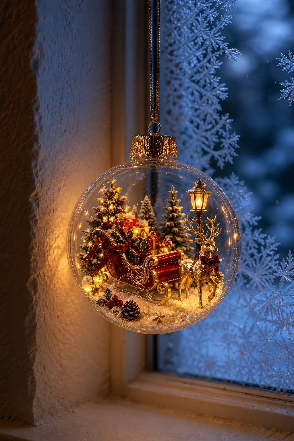 The clear lighted ball ornament glowing warm with its gold cap, hanging in a frosted window at blue hour